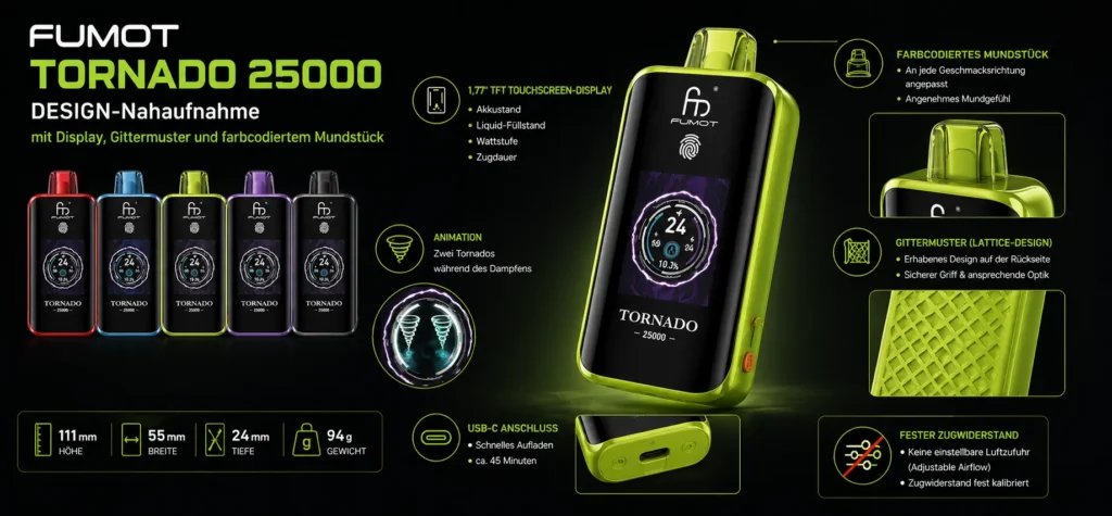Fumot Tornado 25000 — Design-Nahaufnahme mit Display