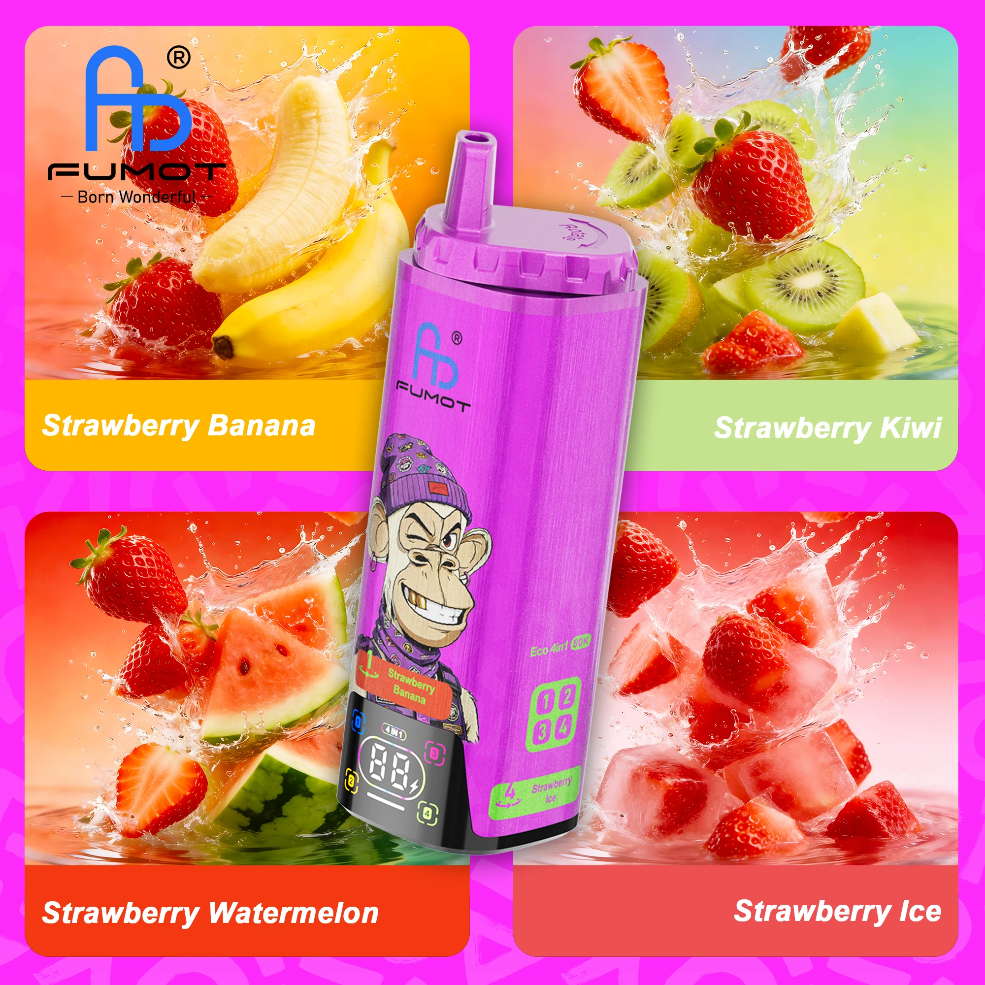 Fumot RandM Eco 4in1 80K Strawberry Banana & Strawberry Kiwi & Strawberry Watermelon & Strawberry Ice