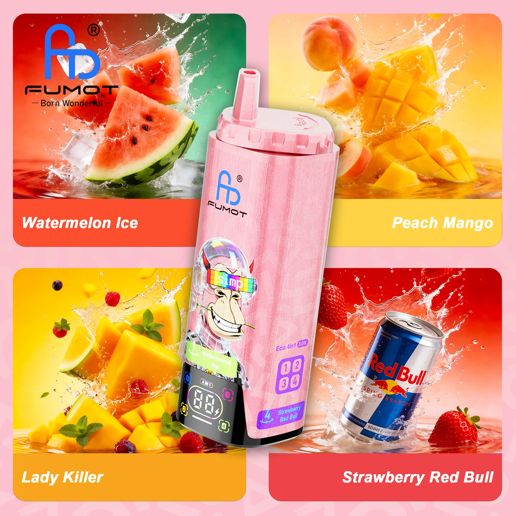 Fumot RandM Eco 4in1 80K Watermelon Ice & Peach Mango & Lady Killer & Strawberry Red Bull
