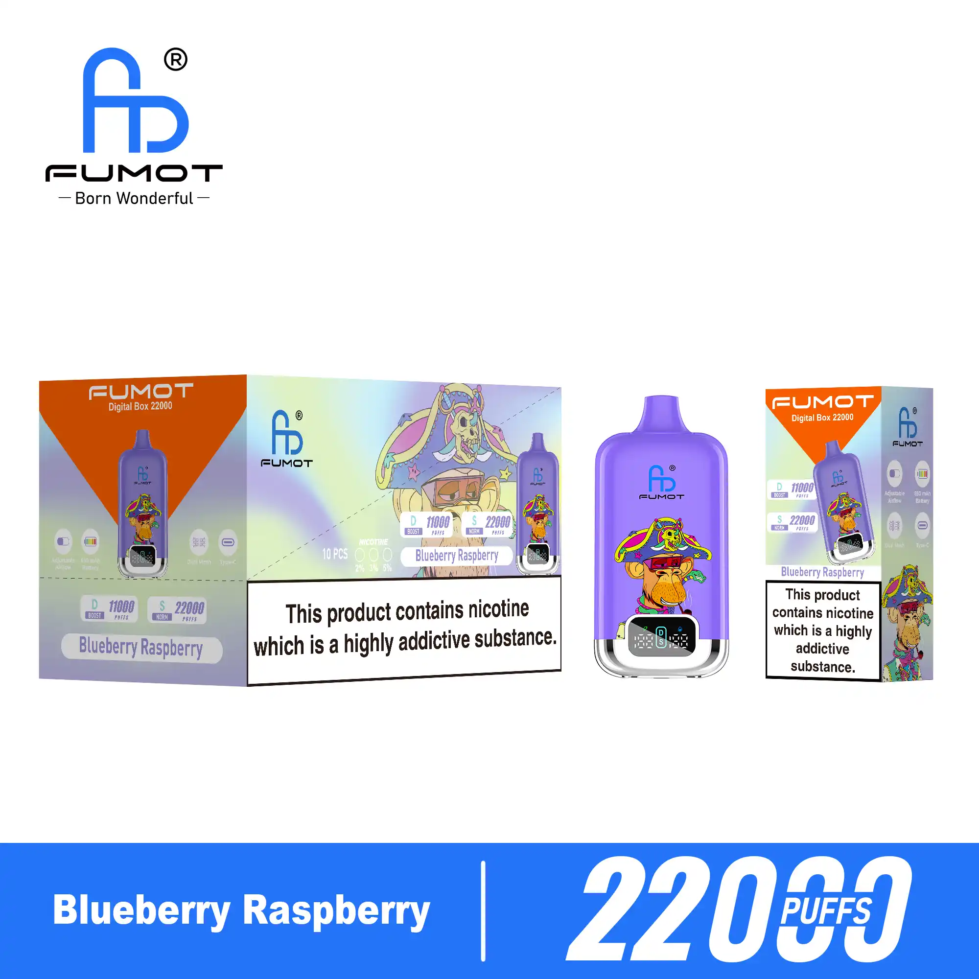 Fumot Digital Box 22000 Blueberry Raspberry mit Verpackung